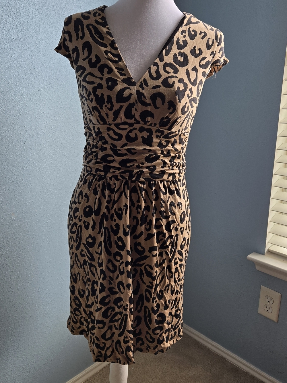 Kay Unger Silk Black and Tan Leopard Print V-Neck Midi Dress